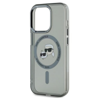 Czarne etui Karl Lagerfeld IML Metal MagSafe do iPhone 15 Pro Max z nadrukiem postaci projektanta i kota, widoczne od tyłu z wycięciem na aparat.