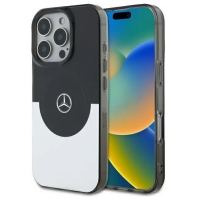 Etui Mercedes BiColor MagSafe do iPhone 16 Pro w czarno-srebrnej kolorystyce z widocznym logo marki na pleckach oraz profilem telefonu z przyciskami.