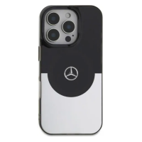 Etui Mercedes BiColor MagSafe do iPhone 16 Pro w czarno-srebrnej kolorystyce z widocznym logo marki na środku oraz wycięciem na potrójny moduł aparatów.