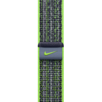 Pasek Nike do Apple Watch w kolorze zielono-niebieskim z tkanym wzorem, wyposażony w szarą szlufkę z wygrawerowanym logo Nike w kolorze limonkowym.