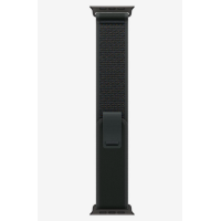 Czarny pasek Apple Trail Loop 49mm w rozmiarze M/L z tytanowym wykończeniem, prezentujący plecioną strukturę materiału oraz zapięcie do zegarka Apple Watch.