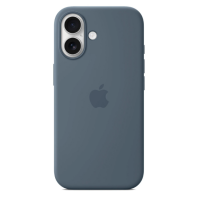 Silikonowe etui Apple MagSafe w kolorze Anchor Blue do iPhone 17, widok na tylną część obudowy z charakterystyczną wyspą aparatów i logo producenta.