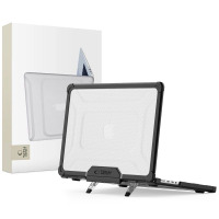 Półprzezroczysta obudowa Tech-Protect Smartshell Pro na laptopie Apple MacBook Pro 14 z czarną ramką, widoczne rozłożone nóżki podstawki oraz logo marki.