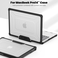 Obudowa Tech-Protect Smartshell Pro do MacBook Pro 14 z logo marki, prezentowana na otwartym i zamkniętym laptopie w kolorze srebrnym na białym tle.