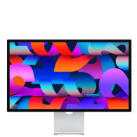 Monitor Apple Studio Display 27 cali 5K ze standardowym szkłem, widoczny od frontu z kolorową, abstrakcyjną tapetą na ekranie i srebrną podstawką.