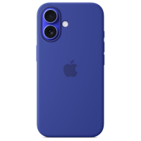 Silikonowe etui Apple w kolorze ultramaryny do iPhone 16, prezentujące charakterystyczną wyspę z dwoma obiektywami aparatów oraz logo Apple na środku plecków.