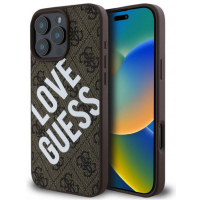 Brązowe etui Guess PU Leather 4G Big Love MagSafe do iPhone 16 Pro z białym napisem LOVE GUESS, widoczna wyspa aparatów oraz profil smartfona z przyciskami.
