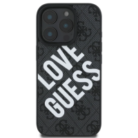 Czarne etui Guess PU Leather 4G do iPhone 16 Pro Max z charakterystycznym wzorem logo i dużym białym napisem LOVE GUESS na tylnym panelu z wyspą aparatów.