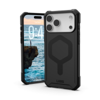Czarne etui UAG Essential Armor z MagSafe do iPhone 17 Pro Max, widok na tył z wyspą aparatów oraz przód telefonu z wyświetlaczem i napisem UAG.
