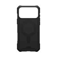 Czarne etui UAG Essential Armor MagSafe do iPhone 17 Pro Max z widocznym wycięciem na aparat oraz logotypem marki na dolnej krawędzi tylnej obudowy.