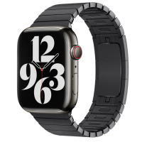 Apple Watch z czarną bransoletą panelową Apple, widoczny z profilu z cyfrową tarczą zegarka pokazującą duże cyfry 12, 9, 6 i 3 oraz czerwoną koronkę Digital