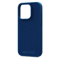 Niebieskie etui Njord Suede zamszowe do iPhone 15 Pro z wycięciem na aparat i wytłoczonym logo marki, widok na tylną ściankę oraz prawy bok z przyciskami.