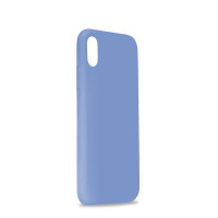 Jasnoniebieskie etui Puro ICON Cover do iPhone Xs Max, widoczne w ujęciu z profilu z wycięciem na wyspę aparatów oraz logo producenta w dolnej części.