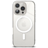Przezroczyste etui Ringke Fusion MagSafe do iPhone 16 Pro z widocznym magnetycznym pierścieniem na pleckach oraz wycięciem na potrójny moduł aparatów.