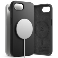 Czarne etui Ringke Silicone z MagSafe do iPhone 16e, widok na zewnętrzną stronę z ładowarką oraz wnętrze z nadrukiem Liquid Silicone i specyfikacją materiałów.