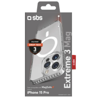 Przezroczyste etui SBS Extreme 3 Mag do iPhone 15 Pro z widocznym pierścieniem MagSafe, certyfikatem odporności na upadki z 3 metrów i wycięciem na aparaty.