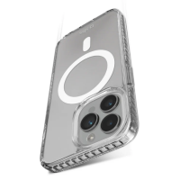 Przezroczyste etui SBS Extreme Mag z wbudowanym pierścieniem MagSafe do iPhone 14 Pro Max, ukazujące wyspę aparatów oraz logo producenta na tylnej ściance.