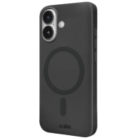 Czarne etui SBS Instinct z wbudowanym pierścieniem MagSafe do iPhone 16 Plus, widok na tylny panel z wycięciem na wyspę aparatów i logo producenta.