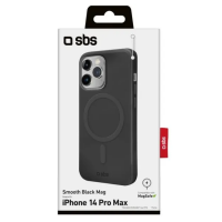Czarne etui SBS Smooth Black Mag do iPhone 14 Pro Max w opakowaniu, z widocznym okręgiem MagSafe na pleckach oraz wycięciem na wyspę aparatów.