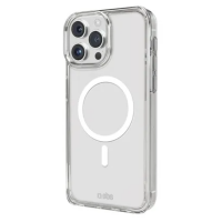 Przezroczyste etui SBS Rigid z wbudowanym pierścieniem MagSafe do iPhone 15 Pro Max, ukazujące wycięcia na potrójny aparat oraz logo producenta na dole.