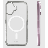 Przezroczyste etui SBS Rigid MagSafe do iPhone 16 z widocznym pierścieniem magnetycznym, ukazane w widoku z tyłu oraz z profilu z przyciskami bocznymi.