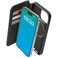 Czarne etui portfelowe SBS WalletMag z MagSafe do iPhone 15 Pro, ukazujące wewnętrzne kieszenie na karty oraz sposób montażu telefonu wewnątrz pokrowca.