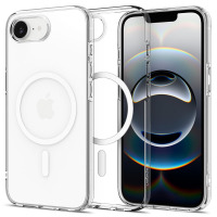 Przezroczyste etui Spigen Liquid Crystal MagSafe do iPhone 16e, ukazujące tył z pierścieniem magnetycznym oraz przód smartfona z widocznym logo Spigen.