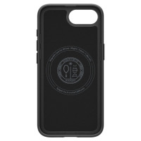 Wnętrze czarnego etui Spigen Thin Fit MagSafe do iPhone 16e z widocznym okręgiem magnetycznym oraz nadrukiem Aliquid Tibi Vis i informacją o patencie.