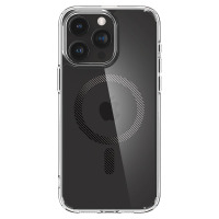 Przezroczyste etui Spigen Ultra Hybrid MagSafe do iPhone 15 Pro Max z widocznym czarnym pierścieniem magnetycznym w stylu carbon na pleckach urządzenia.