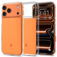 Etui Spigen Ultra Hybrid T MagSafe do iPhone 17 Pro w kolorze pomarańczowym z przezroczystą ramką, ukazujące tył z wyspą aparatów oraz przód z ekranem.