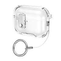 Przezroczyste etui Tech-Protect Bounce Pro do słuchawek AirPods Pro z widocznym logo marki, zapięciem blokującym oraz dołączonym srebrnym kółkiem na smyczy.