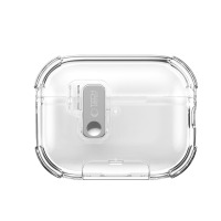 Przezroczyste etui Tech-Protect Bounce Pro do słuchawek AirPods Pro, z widocznym srebrnym zapięciem oraz logotypem marki na przedniej części obudowy.