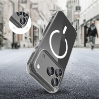 Przezroczyste etui Tech-Protect Flexair Hybrid MagSafe do iPhone 17 Pro Max z widocznym pierścieniem magnetycznym, wyspą aparatów i wstawką o ochronie rogów.
