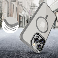 Etui Tech-Protect Magedge MagSafe do iPhone 16 Pro Max w kolorze Titanium Gunmetal, prezentujące wyspę aparatów oraz zbliżenie na elastyczne narożniki.
