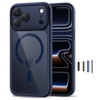 Granatowe etui Tech-Protect Magpeak CC do iPhone 17 Pro z przezroczystymi pleckami, pierścieniem MagSafe oraz wymiennymi przyciskami bocznymi w zestawie.