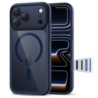 Granatowe etui Tech-Protect Magpeak CC do iPhone 17 Pro z przezroczystymi pleckami, pierścieniem MagSafe i wyeksponowaną wyspą aparatów oraz wymiennymi
