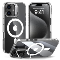 Przezroczyste etui Tech-Protect MagStand z MagSafe do iPhone 16, prezentowane w trzech ujęciach z widoczną wyspą aparatów, pierścieniem magnetycznym i ekranem.