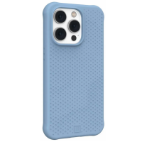 Niebieskie etui UAG Dot z obsługą MagSafe do iPhone 14 Pro, prezentujące charakterystyczną kropkowaną fakturę plecków oraz wycięcie na wyspę aparatów.