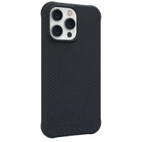 Czarne etui UAG Dot z obsługą MagSafe do iPhone 14 Pro Max, prezentujące kropkowaną fakturę plecków oraz wycięcie na potrójny moduł aparatów urządzenia.