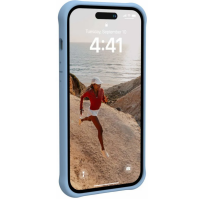 Niebieskie etui UAG Dot MagSafe na iPhone 14 Pro, prezentujące ekran blokady z biegaczką na plaży, godziną 4:41 i datą 10 września, widok pod kątem.