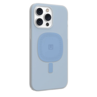 Niebieskie etui UAG Lucent do iPhone 14 Pro Max z widocznym magnetycznym pierścieniem MagSafe na pleckach oraz wycięciem na potrójny aparat fotograficzny.