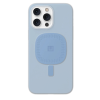 Niebieskie etui UAG Lucent do iPhone 14 Pro Max z widocznym modułem magnetycznym na pleckach oraz wycięciem na potrójny aparat z lampą błyskową.