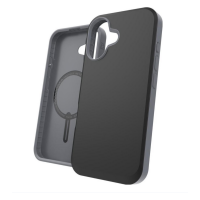 Czarne etui ZAGG SoHo Snap z MagSafe do iPhone 16, ukazujące wnętrze z magnetycznym pierścieniem oraz wycięcie na wyspę aparatów w szarym kolorze.