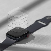 Folia ochronna Ringke Dual Easy do Apple Watch 10 46 mm, ukazana w formie warstw unoszących się nad czarnym zegarkiem z czerwoną koronką Digital Crown.