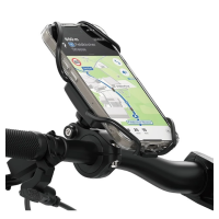 Czarny uchwyt rowerowy Ringke Quick & GO Bike Mount zamontowany na kierownicy, trzymający iPhone'a z włączoną nawigacją mapową na ekranie.