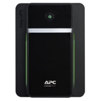Zasilacz awaryjny UPS APC BVX1600LI-GR Easy w czarnej obudowie z podświetlanym na zielono przyciskiem zasilania oraz logotypem producenta na froncie.