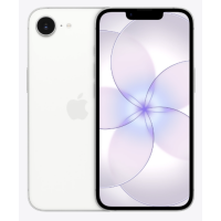 Apple iPhone 17e w kolorze białym, widok z przodu oraz z tyłu prezentujący pojedynczy obiektyw aparatu, wcięcie w ekranie oraz jasną tapetę z motywem kwiatu.