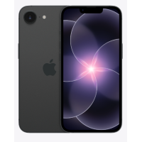 Apple iPhone 17e w kolorze czarnym, widok z przodu oraz z tyłu prezentujący minimalistyczną wyspę aparatu i wyświetlacz z charakterystycznym wcięciem.