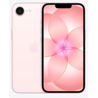 Apple iPhone 17e w jasnoróżowym kolorze, widok z tyłu na obudowę z pojedynczym aparatem oraz z przodu na ekran z wcięciem i kwiecistą tapetą.