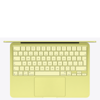 Apple MacBook Neo 13 cali w kolorze cytrusowożółtym, widok z góry na otwartą obudowę z układem klawiatury QWERTY oraz zintegrowanym panelem gładzika.